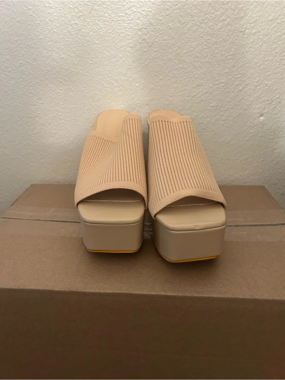 SHEIN Beige Ribbed Platform Mule Heels
